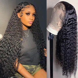 Aonou 13x4 Deep Wave Lace Front Wigs Human Hair 180 Density Short Curly Human Hair Wigs for Women Gluless Wigs Human Hair Pre Plucked Bleached Knots With Baby Hair Natural Hairline (18 Inch)
