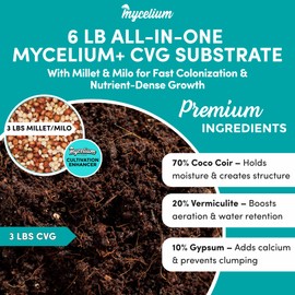 Mycelium 6LB Mushroom Growing Kit | CVG Substrate & Millet/Milo Grain Blend w/Cultivation Enhancer | All-in-One Pre-Sterilized Bag with Injection Port | Grow Dung-Loving Mushrooms Like Magic at-Home