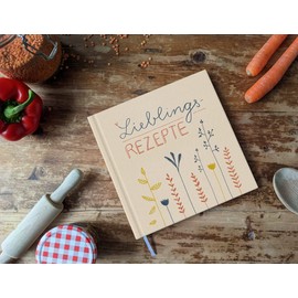 Recipe Book for Writing Yourself, Cookbook for 80 Favourite Recipes, Flower Design in Cream Beige, Premium Hard Cover, Robust Thread Binding, 21 x 21 cm