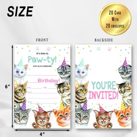 It's Time To Paw-ty - Kitty Cat Theme Birthday Invite for Girls Boys Teen Friends, Cute Pet Birthday Party Invitations Card, 20 Invitations With Envelopes, Birthday Party Supplies & Decorations -005