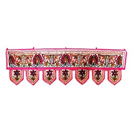 Indian Handmade Traditional Embroidered Toran Cotton Thoranam Door Living Room Decor Bandanwar Home Valance Decorations Window Hanging Hippie Bohemian Wall Ethnic Decorative Vintage, Flower 2, L- 42 inch, H- 12 inch
