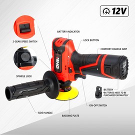 DNA MOTORING TOOLS-00168 12V Cordless Polisher Tool Set 2-Gear Speed for Car Detailing/Home Appliance Polishing, Red Color (Bare Tool)