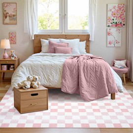 Seavish Ombre Checkered Rug, 5x7 Washable Pink Rugs for Bedroom Aesthetic, Low Pile Soft Non-Slip Modern Checkerboard Area Rug for Living Room Kids Room Nursery Playroom Dining Room