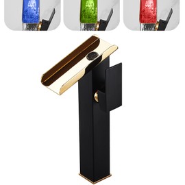 Bathroom Vessel Sink Faucet LED Light Black Gold,Hydropower LED 3 Colors Changing Waterfall Spout, Hot and Cold Water Mixer, Single Handle Single Hole Commercial Residential Bathroom Tap Faucet