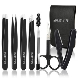 SWEET VIEW 7 Pieces Tweezers Set, Eyebrow Pluckers for Women and Men, Face, Brow, Chin, Ingrown Hair (Black)