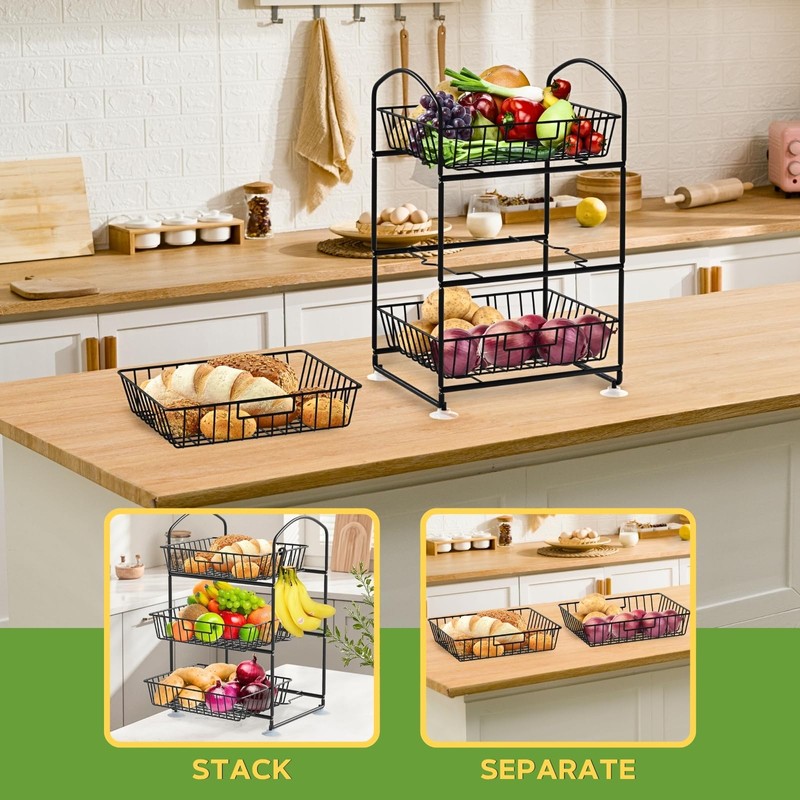 3 Tier Wire Baskets with 2 Banana Hangers, Detachable Countertop