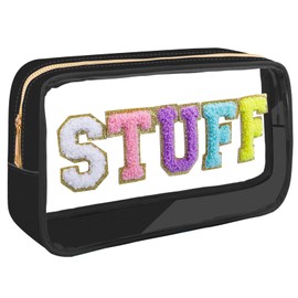 CHRIMISS Preppy Patch STUFF Makeup Bag Chenille Letter Cosmetic Bag for Women, Transparent PVC Zipper Patch Bags Organizer Waterproof Portable Travel Makeup Bag for Women Girls Teens (Black)