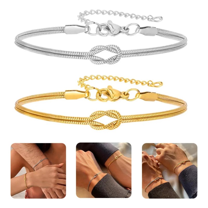Pulseras Ajustables de Pareja Nudo de Amor Acero Inoxidable Oro