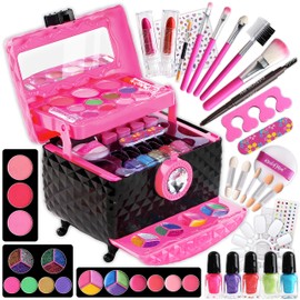 60Pcs Kid Makeup Kit for Girls 6-12, FunKidz Three Layers Folding Make Up Box Toy Set Child Beauty Cosmetic Kits for Little Girls Party Gifts