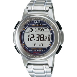 Citizen Q&Q MHS5-200 Men's Solar Wristwatch (Silver/Radio Clock), Digital Waterproof Watch (Metal Band/Date Alarm, Chronograph, LED Light)