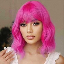 YOUNIGA Short Bob Wavy Wig with Bangs for Women Hot Pink Color Wigs for Women Loose Curly Shoulder Length Bob Curly Women's Charming Synthetic Fiber Wigs (Hot Pink)
