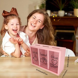 Mczxon Wooden Give Save Spend Money Saving Box for Kids, Money Coin Savings Piggy Bank Jar Box for Kid Safe Money Saver, Teach Children about Giving Saving Giving Money Piggy Box for Boys Girls, Pink