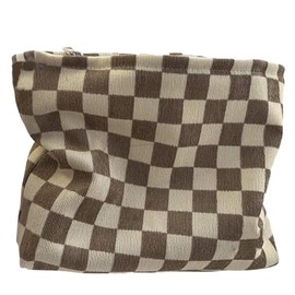cirea 1/2/3Pcs Brown Checkered Makeup Bags Small Zipper Cosmetic Bag for Purse Corduroy Cute Make Up Pouch Travel (Light Brown)