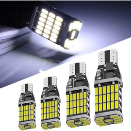 T16 LED Back Lamp, Explosive Lights, 1200 Lumens, Built-In Canceller, CANBUS W16W, T10, T15, High Brightness, White, 4014 LEDs, 45 Rows of 12 V, Non-Polarity, Backup Light, 6000K, 50,000 Hours Lifespan, (Set of 4)