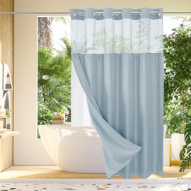 Gibelle No Hook Waffle Weave Shower Curtain with Snap-in Fabric Liner Set for Bathroom, Hotel Style with Mesh Top Window, Waterproof & Washable, Fog Blue, 72x74