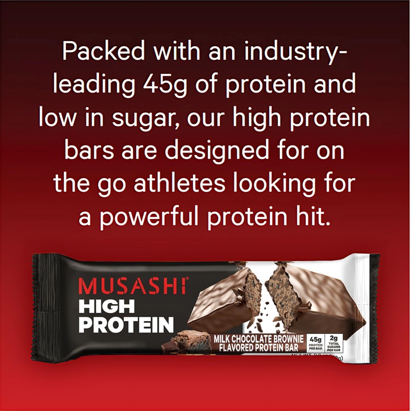 MUSASHI High Protein Bar, 45g Protein, 2g Total Sugars, Milk