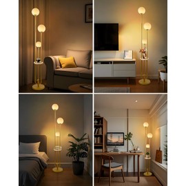 Lightdot LED Floor Lamp Dimmable Gold Globe Floor Lamps with Shelf Mid Century Modern Standing Lamp for Bedroom Living Room Home Office-Candle Holder Style Soft Eye-Caring