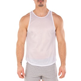 Gary Majdell Sport Men's Breathable Athletic See-Through Smooth Mesh Tank Top (White with White Hem, Small)