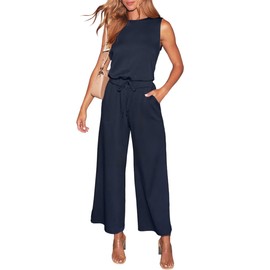 LACOZY Womens Jumpsuit Deep Crewneck Sleeveless Overall Smocked Waist Belted Wide Leg Summer Elegant Long Playsuit with Pockets Blue M