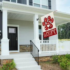 CROWNED BEAUTY Paw Print House Flag 28X40 Inches Double Sided for Outside Large Welcome Burlap Hearts Red Holiday Yard Decoration