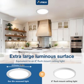Amico 12 Pack 8 Inch 5CCT Ultra-Thin LED Recessed Ceiling Light with Junction Box, 2700K/3000K/3500K/4000K/5000K Selectable, 18W Eqv 125W, Dimmable Canless Wafer Downlight, 1600LM High Brightness -ETL