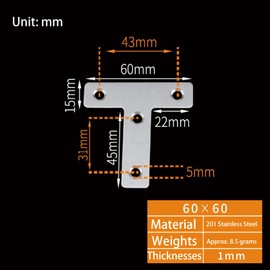 10Pcs Flat T Corner Bracket 60mm x 60mm Stainless Steel Joining Brace Brackets Mending Plates for Wood Shelf Cabinet Table Chair (Silver)
