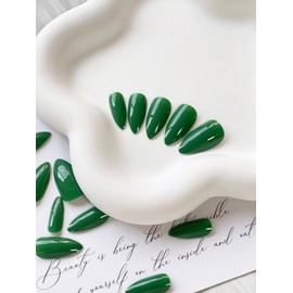 Press on Nails Medium Stiletto Almond Fake Nails Full Cover Dark Green False Nails Glossy False Nails with Nail Glue Artificial Acylic Nails for Women Girls 24 Pcs