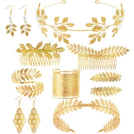JYUHA 10 PCS Greek Goddess Costume Accessories Set, Wedding Bridal Jewellery Gold Leaf Headband Dangle Earrings Hair Clip Bracelet Coil Upper Arm, Grecian Costume Jewelry for Girls Women