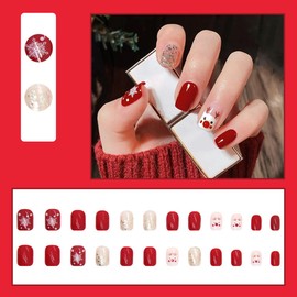 Christmas Press on Nails Short Square, Christmas Elk Snowflake Red Nose Design Fake Nails Glossy Nude Coffin Nails Tips Full Cover False Nails Winter Xmas Glue on Nails for Women and Girls 24Pcs