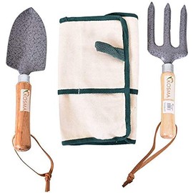 Kosma 2Pc Mini Garden Transplanting Tool Set Ash Wood Handle- Hand Fork & Trowel with FREE 4 Pocket Garden Apron