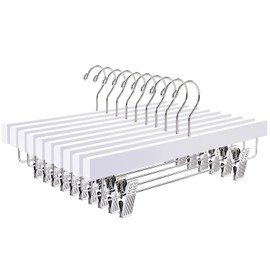 Amber Home 10 Pack White Wooden Pants Hangers with 2-Adjustable Clips for Jeans, Slacks, Shorts