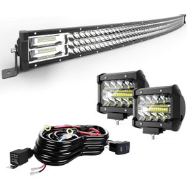 32" LED Light Bar Curved T-Former Triple Row 441W Flood Spot Combo Beam Off Road Lights 2pc 4inch 60W Spot Driving Fog Lights with Rocker Switch Harness Wiring for Trucks ATV UTV Jeep Boat Pickup