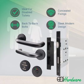 EAI Lift to Lock Return to Door Lever Handle Set with DIN Lock (72mm C/C - Backset 60mm) for Bathroom/Toilet Cubicle Toilet Doors | Matt Black | Suitable on 60 Minute Fire Doors