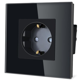 TAWOIA Schuko Steckdose unterputz, EU-Standard 1 Fach Steckdose Glas, Einzel Wandsteckdose mit Kristall Glas Platte Schwarz 86 * 86mm