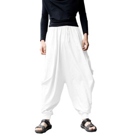 ONTTNO Men's Harem Pants Loose Stretchy Waist Casual Hippie Trousers (White)