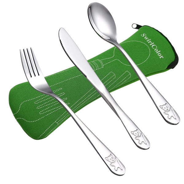 Knife Fork Spoon Set Portable Stainless Steel Reusable Cutlery Travel Tableware Set - 1 Set/ 3 Pcs (Green)