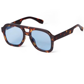 Laurinny Retro 70s Sunglasses for Women Men Square Flat Top Rectangle Double Bridge Sunglasses(Leopard/Blue)