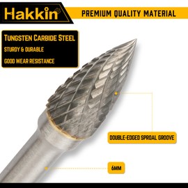 Hakkin Tungsten Carbide Steel Double Cut Rotary Burrs Set 5Pcs 1/4” Shank 8mm Head Fits Rotary Tools Carbide Rotary Burr for Die Grinder Drill, Metal Polishing, Engraving