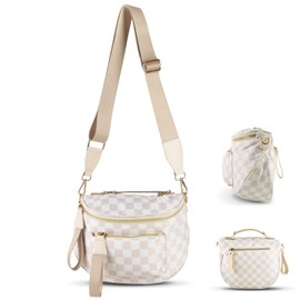 Checkered Crossbody Bag Bum Bag Spacious Checkered Purse Fanny Packs,Upgraded Version With Carry Handle For Women (Beige)