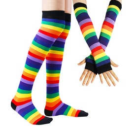 YELAIVP Stripe Rainbow Thigh High Socks Over Knee Socks Fingerless Gloves Set Cosplay Accessories Arm Leg Warmers for Girls Women
