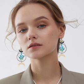 XCTUDY Mystic Moon Snake Earrings, Gothic Witch Style Dangle Earrings with Holographic Blue Serpent Design, Black and Gold Crescent Moon Accents (Black)