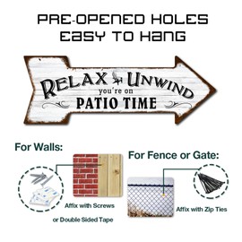 Mukuko Patio Wall Decor Backyard Patio Signs and Decor Outdoor 6" x 18" Arrow Tin Metal Sign for Home, Bar, Porch (Relax Unwind You're on Patio Time)