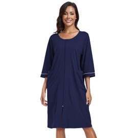 COLORFULLEAF Women's Bathrobe with Zip Lightweight Dressing Gown 100% Cotton House Coat 3/4 Sleeve Nightdress with Pockets, navy blue