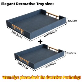 UPPER DECOR Modern Decorative Tray Set of 2, Blue Shagreen Leather Tray, Rectangle Serving Trays with Gold Polished Metal Handles, Ottoman Trays Coffee Table Perfume Kitchen Home Decor
