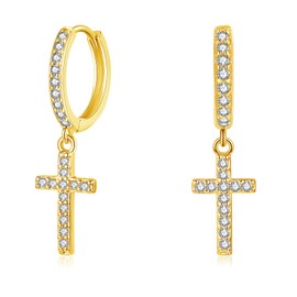 Cangall Silver Hoop Earrings for Women, Sterling Silver Cross Drop Hoop Earrings, CZ Simple Cute Cartilage Rose Gold Dangle Earrings, Sleeper Dangle Hoop Earrings Silver with Cross Charm Dangling