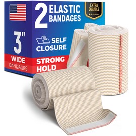 Premium Elastic Bandage Wrap - 3” (2pk) - Strong Compression - Self-Closing Reusable Bandages for Legs and Arms - Wrist, Elbow, Foot, Knee Wrap
