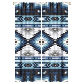 GoDazzling Aztec Blackout Windows Curtains, Vintage Native Western Ethnic Tribal Navajo Blue Abstract Geometric Brown Pattern, for Living Room Bedroom 42x63in 2 Panels