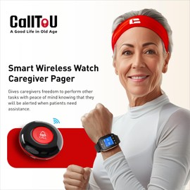 CallToU Wireless Caregiver Call Button for Elderly Patient at Home 1000+Feet Long Range Nurse Alert Button System with IP67 Waterproof Smart Watch and 2 SOS Panic Buttons