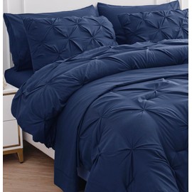 LANE LINEN Twin Comforter Set, 5 Piece Twin Bedding Sets for Boys, Pintuck Twin Size Bed Set, Pinch Pleated Twin Bed in a Bag Set, Twin Bed Comforter Set with Sheets, Pillowcase & Sham - Navy Blue