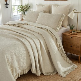 Brandream Queen Size Quilt Set Cotton Beige Quilts Ruffle Bedspread Floral and Vines Matelasse Coverlet Set 3-Piece